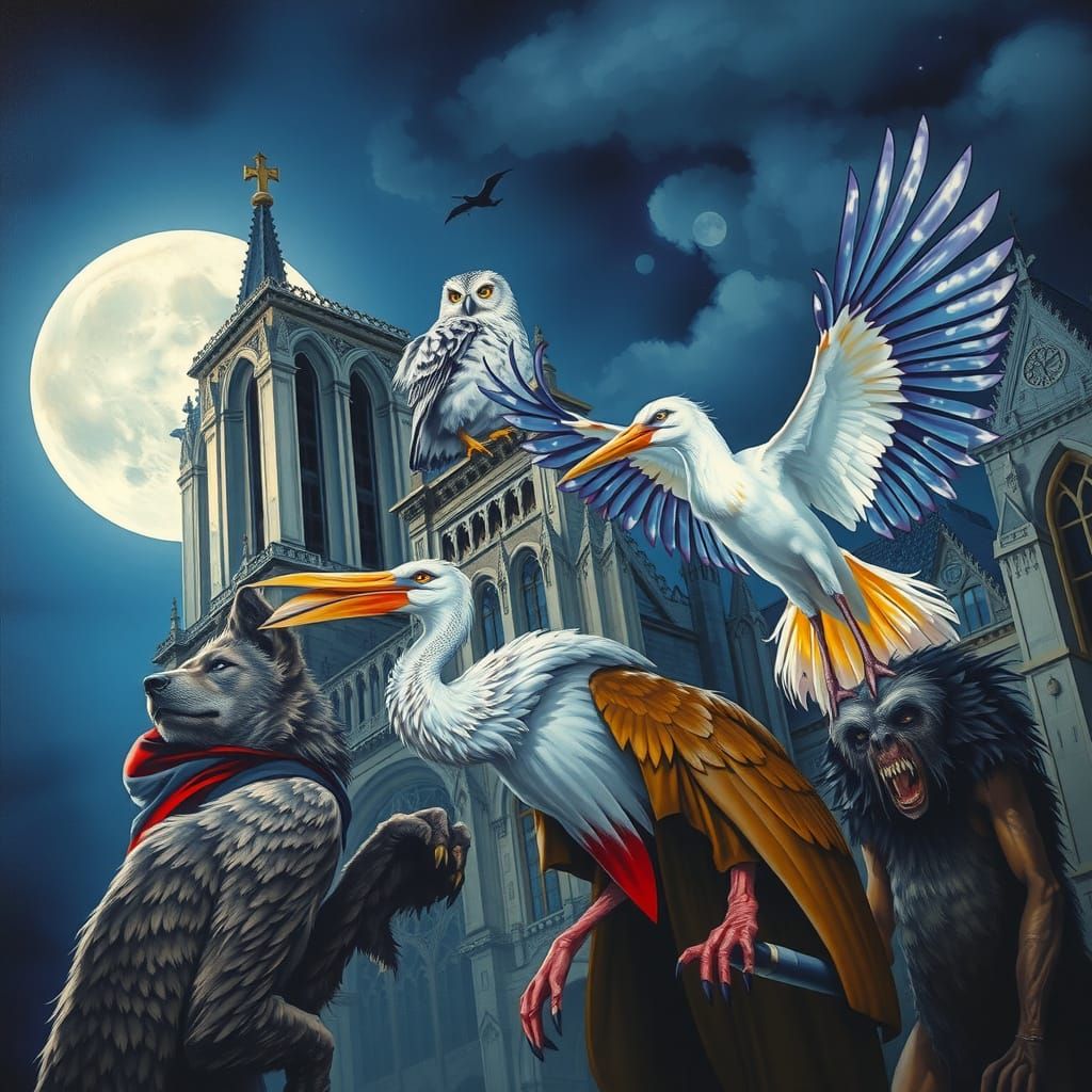 Nocturnal Creatures Gather at Moonlit Notre Dame in 3D Reali...