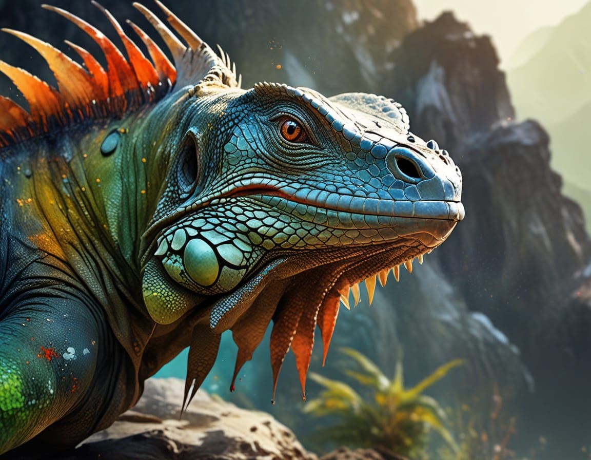 Iguana Portrait with African Landscape, Digital Watercolor