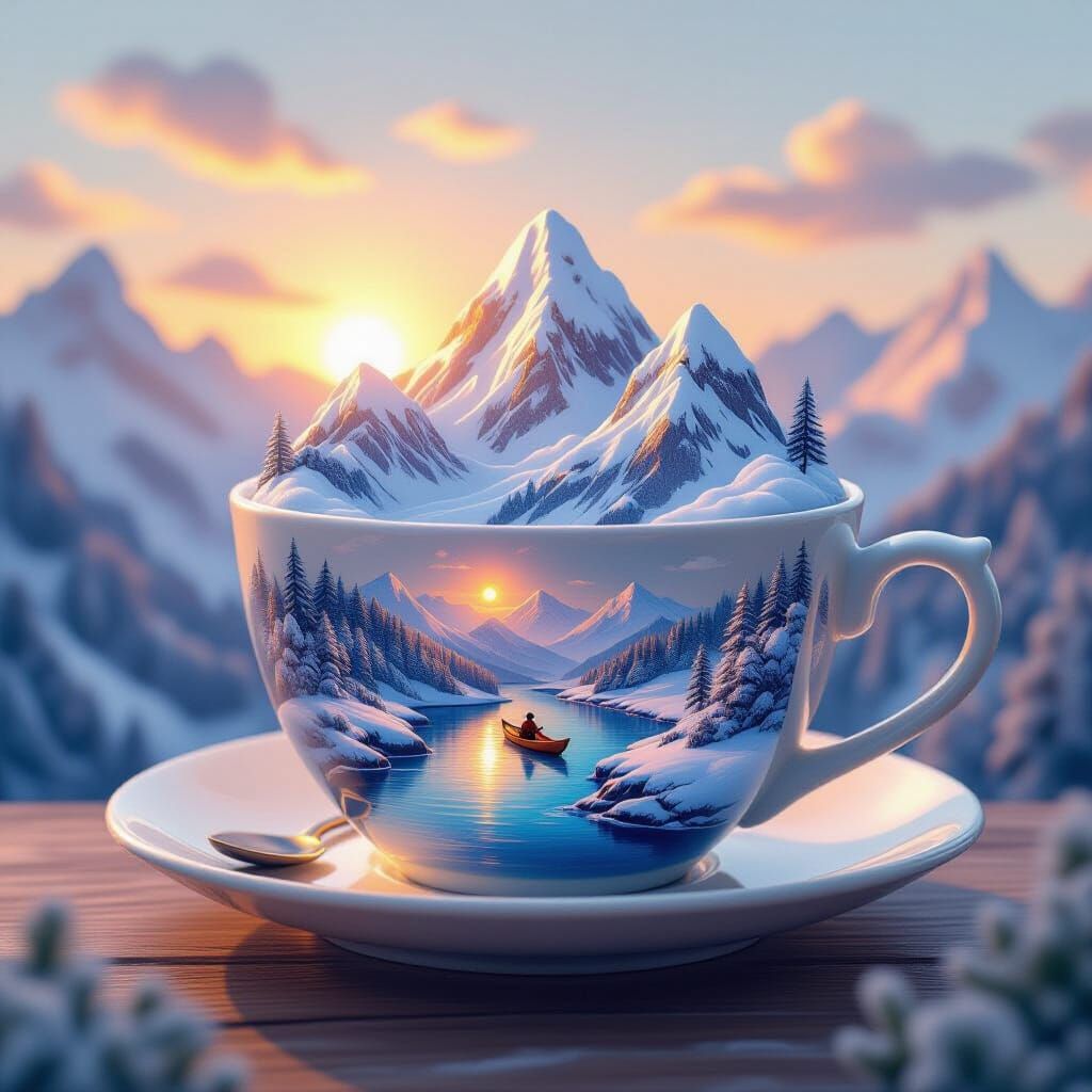 Giant Teacup World with Mountains, River, and Sunrise