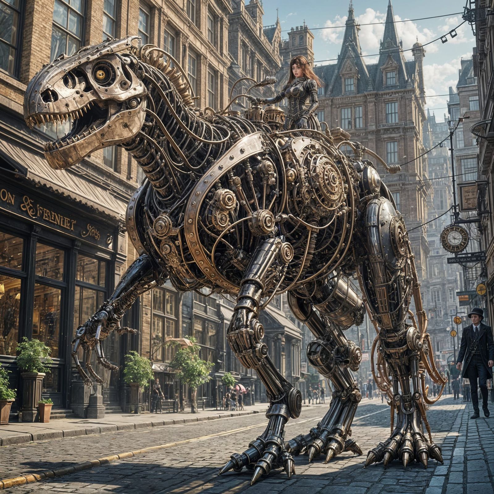 Steampunk Girl on Robotic T-Rex in London