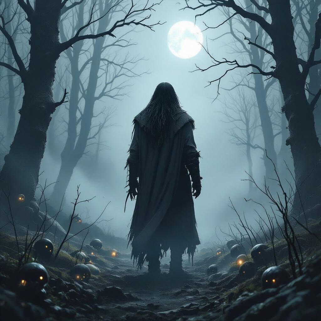 Wounded Man in Dark Forest, Gloomy Art Style