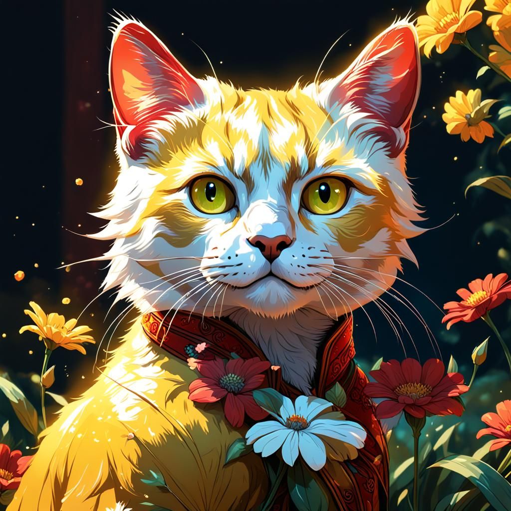 Yellow Cat with Red Bow and Flowers Portrait