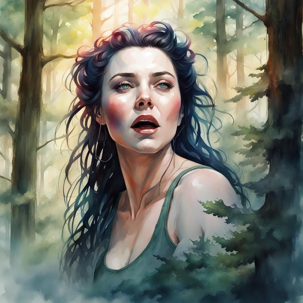 Watercolor Portrait of Singer in Forest, Detailed Art