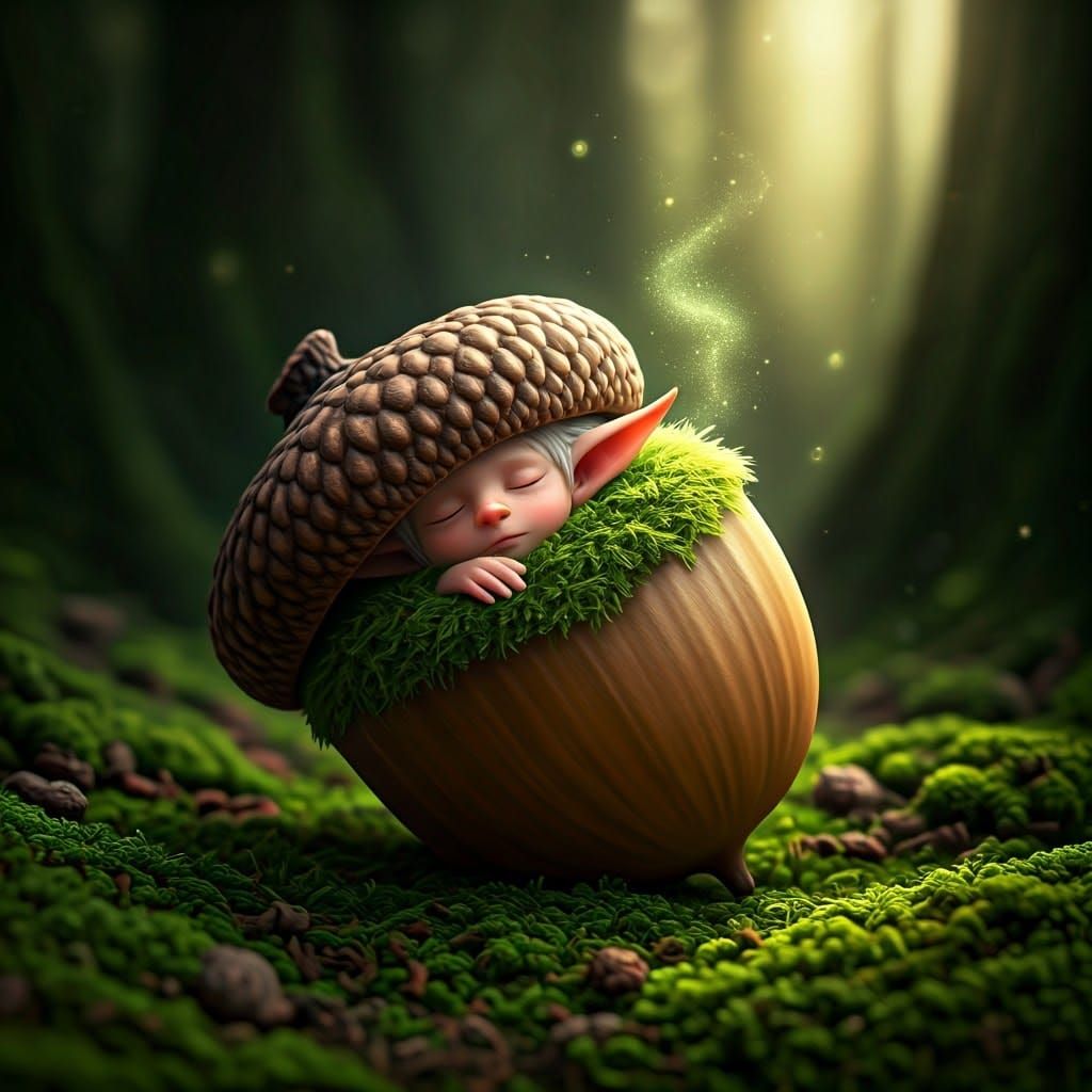 Elf Sleeps Peacefully Inside Acorn in Forest