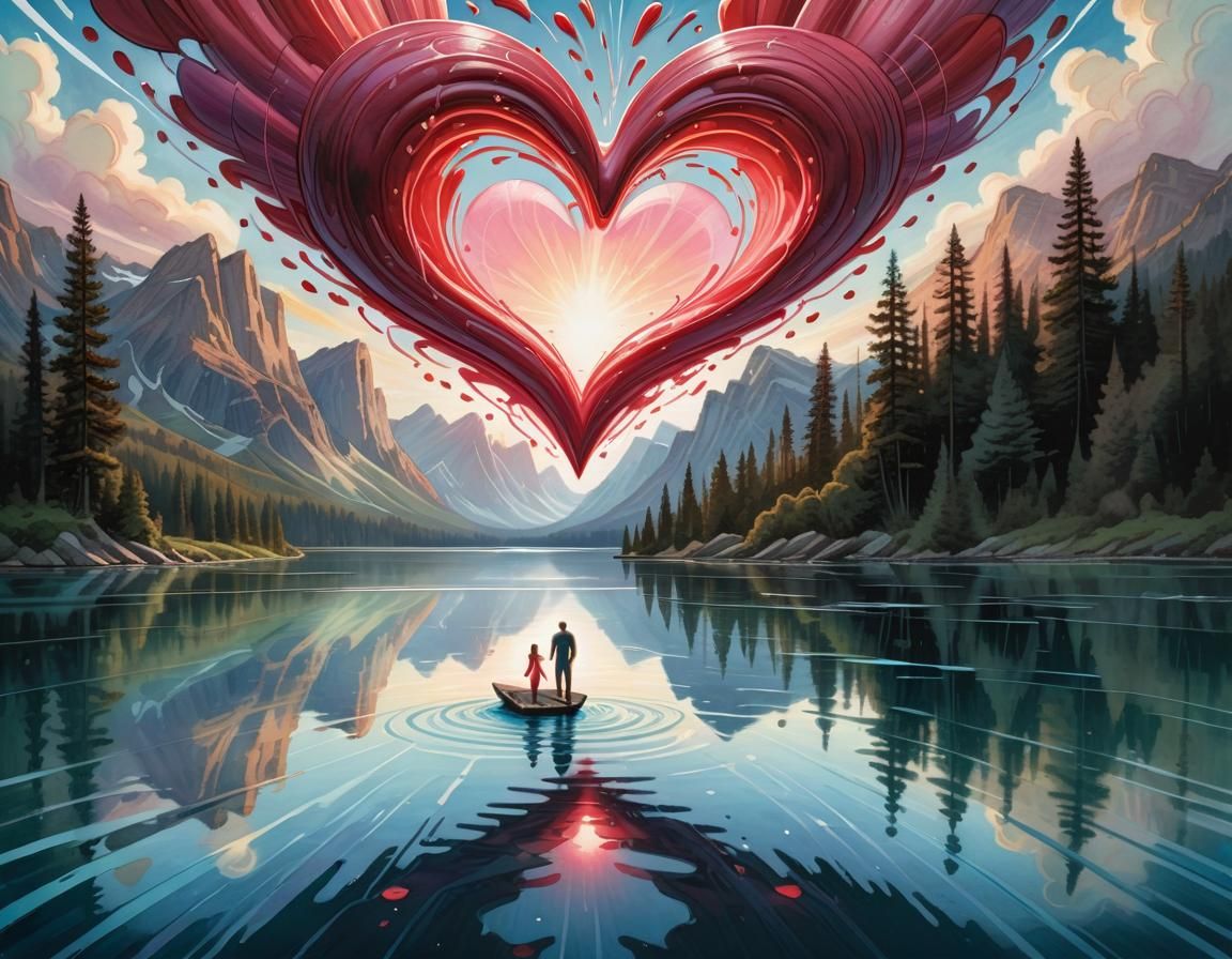 Romantic Heart Crossing Lake, Gouache Style