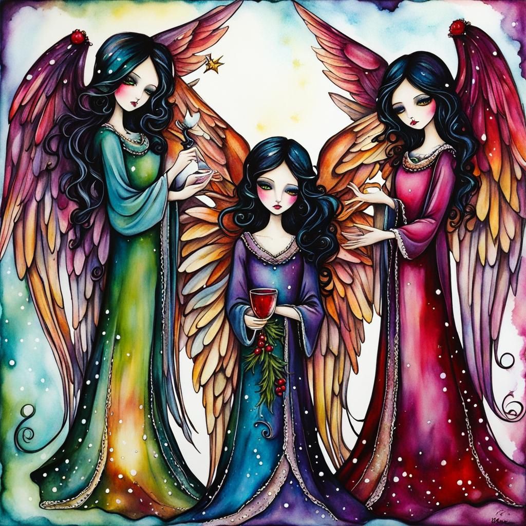 Whimsical Goth Christmas Angels in Alcohol Inks