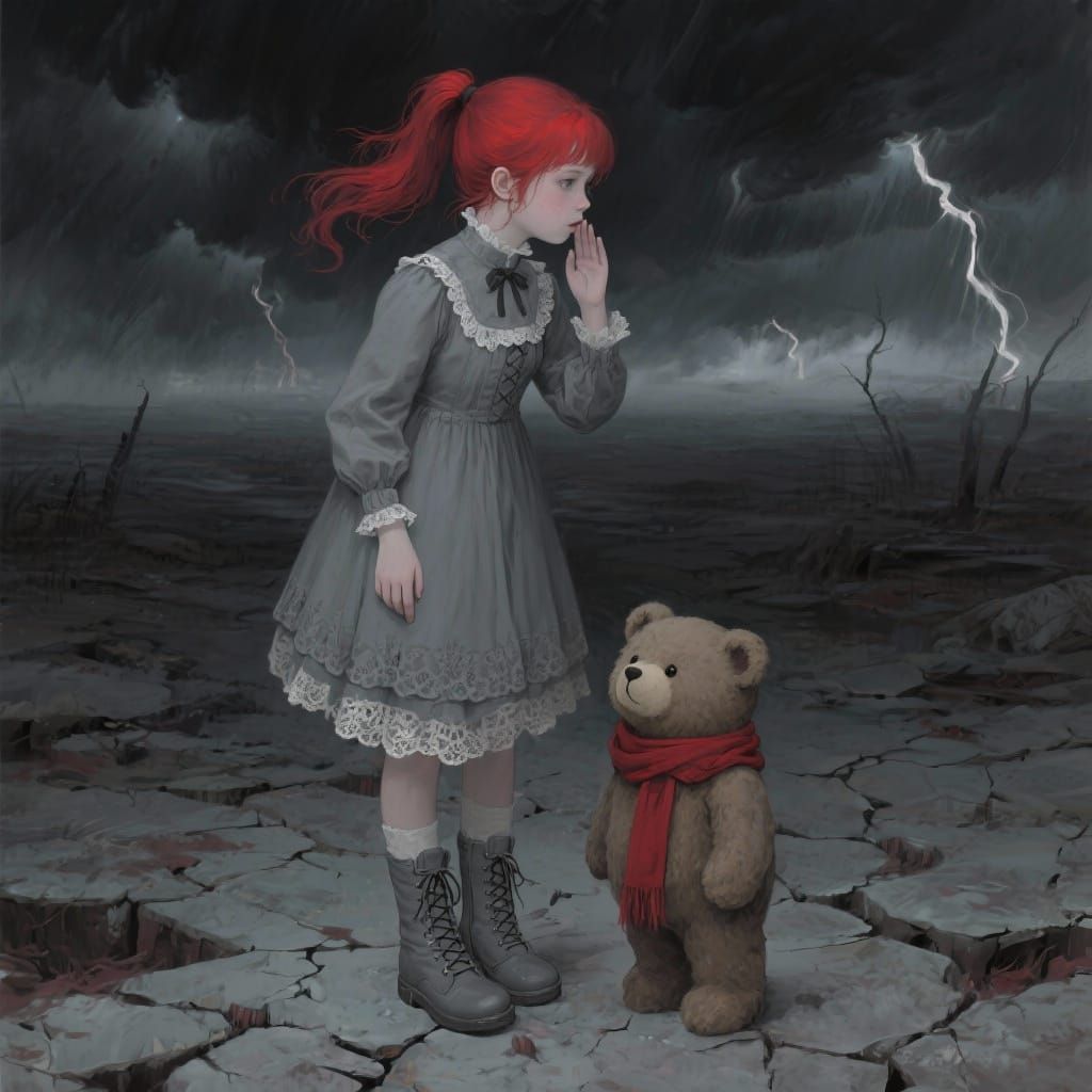 Girl Whispering to Teddy Bear in Dark Fantasy Landscape