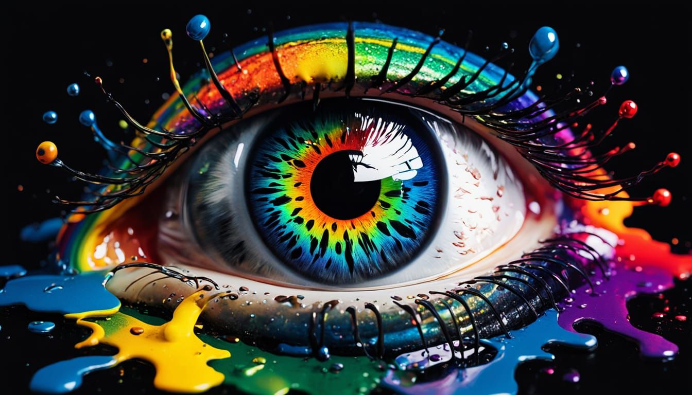 Vibrant Pop Art Close-up of a Rainbow Eye with Oil Slick