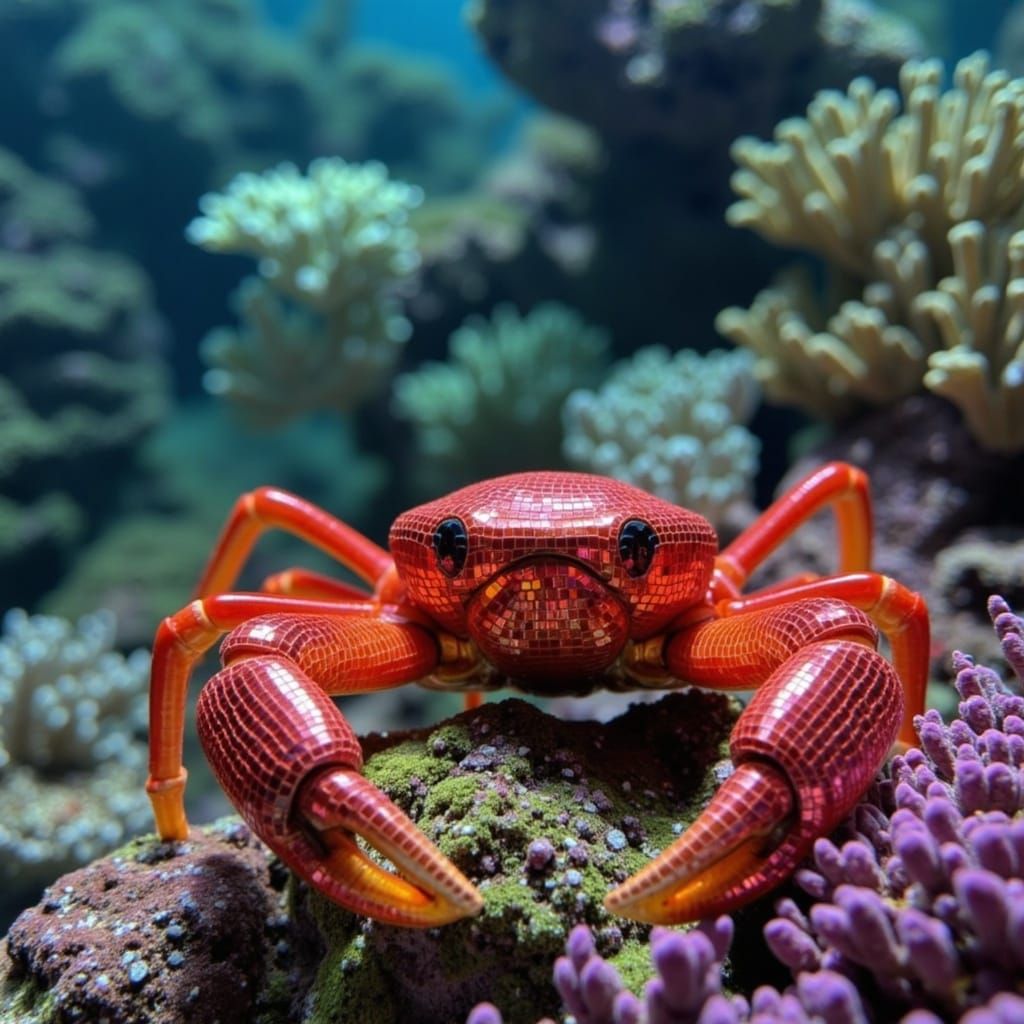 Vibrant Red Crab in a Tropical Coral Reef Scene