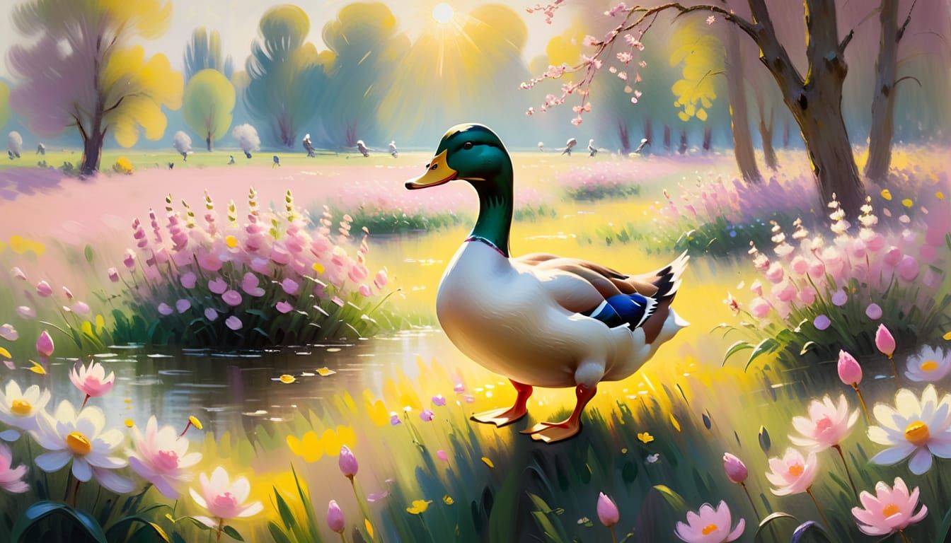 Surreal Springtime Scene with Duck in Impressionist Style