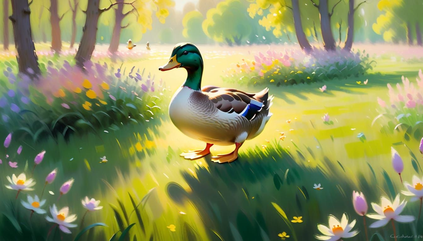 Duck in a Whimsical Impressionist Meadow