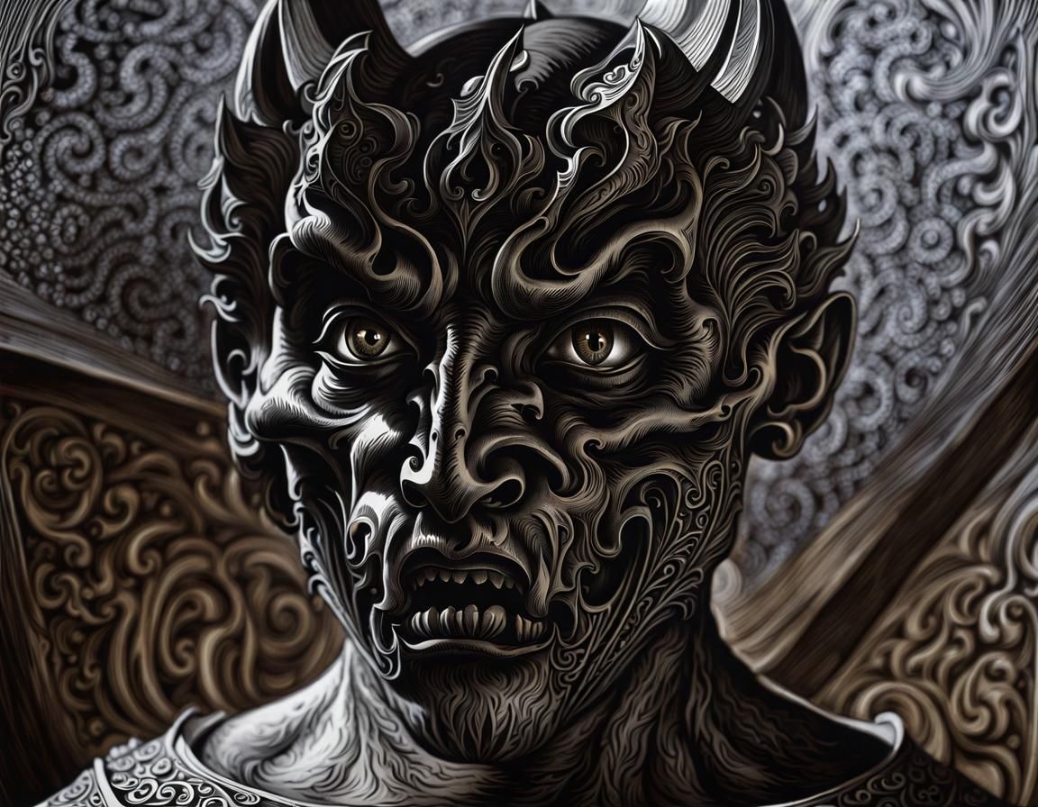 Detailed Medieval Woodcut of a Demon's Head