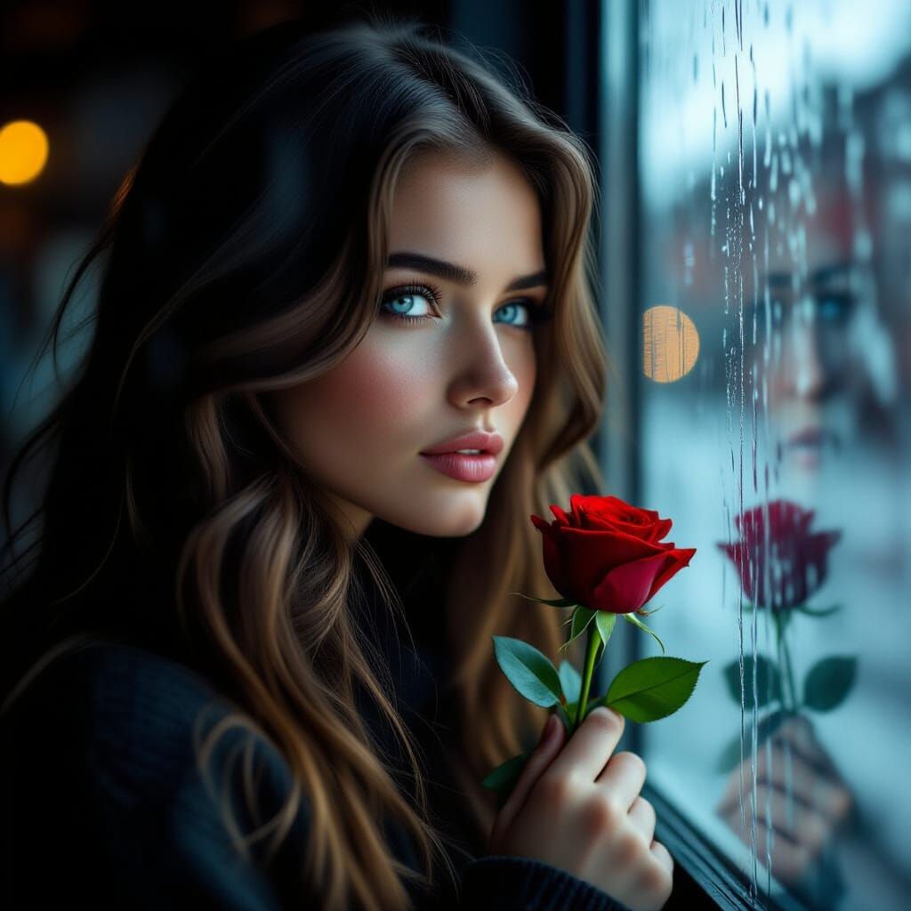 Woman Gazes Out Rain-Streaked Window With Red Rose