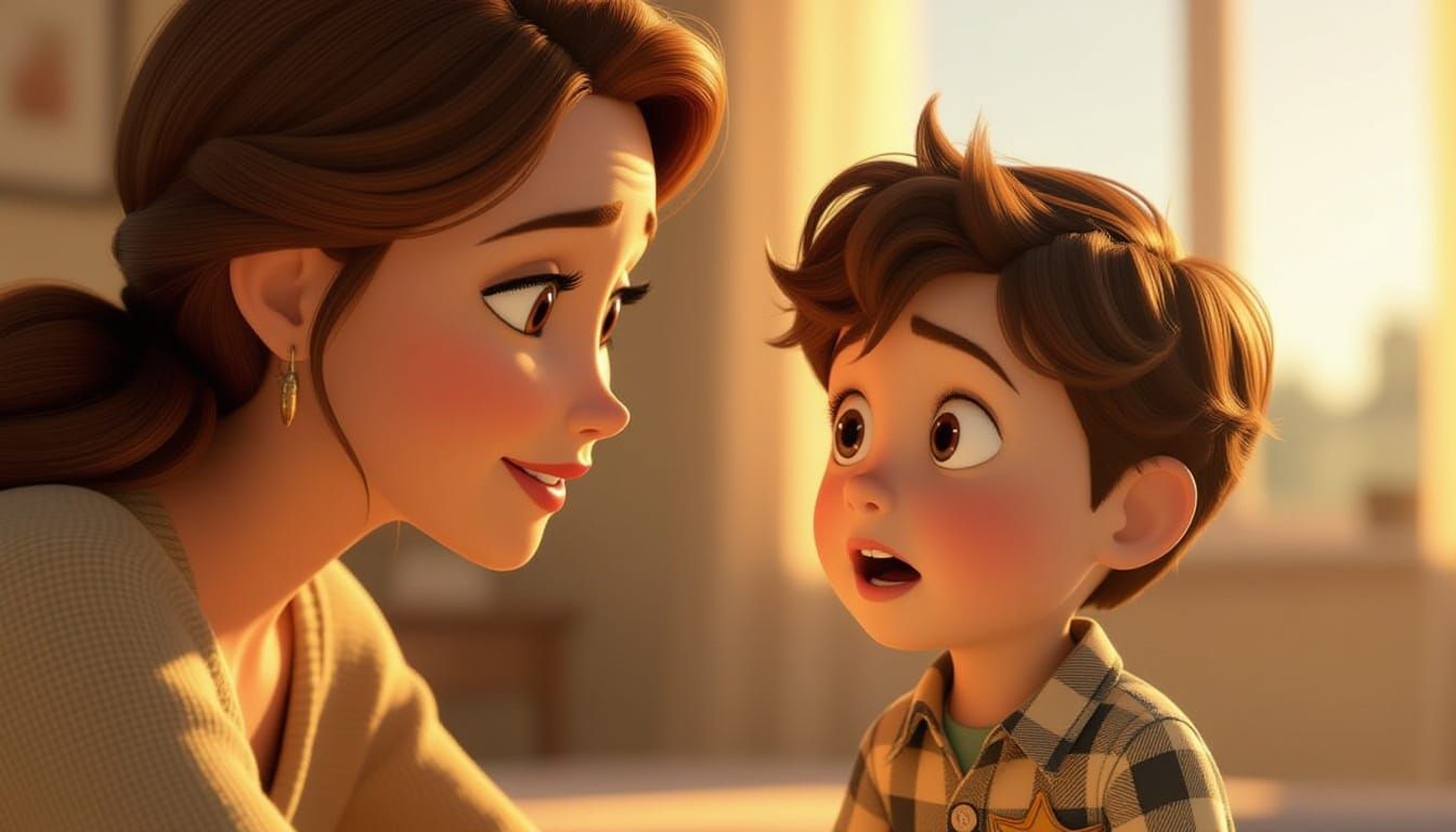 Mother Observes Son's Eager Expression in 3D Animation Style
