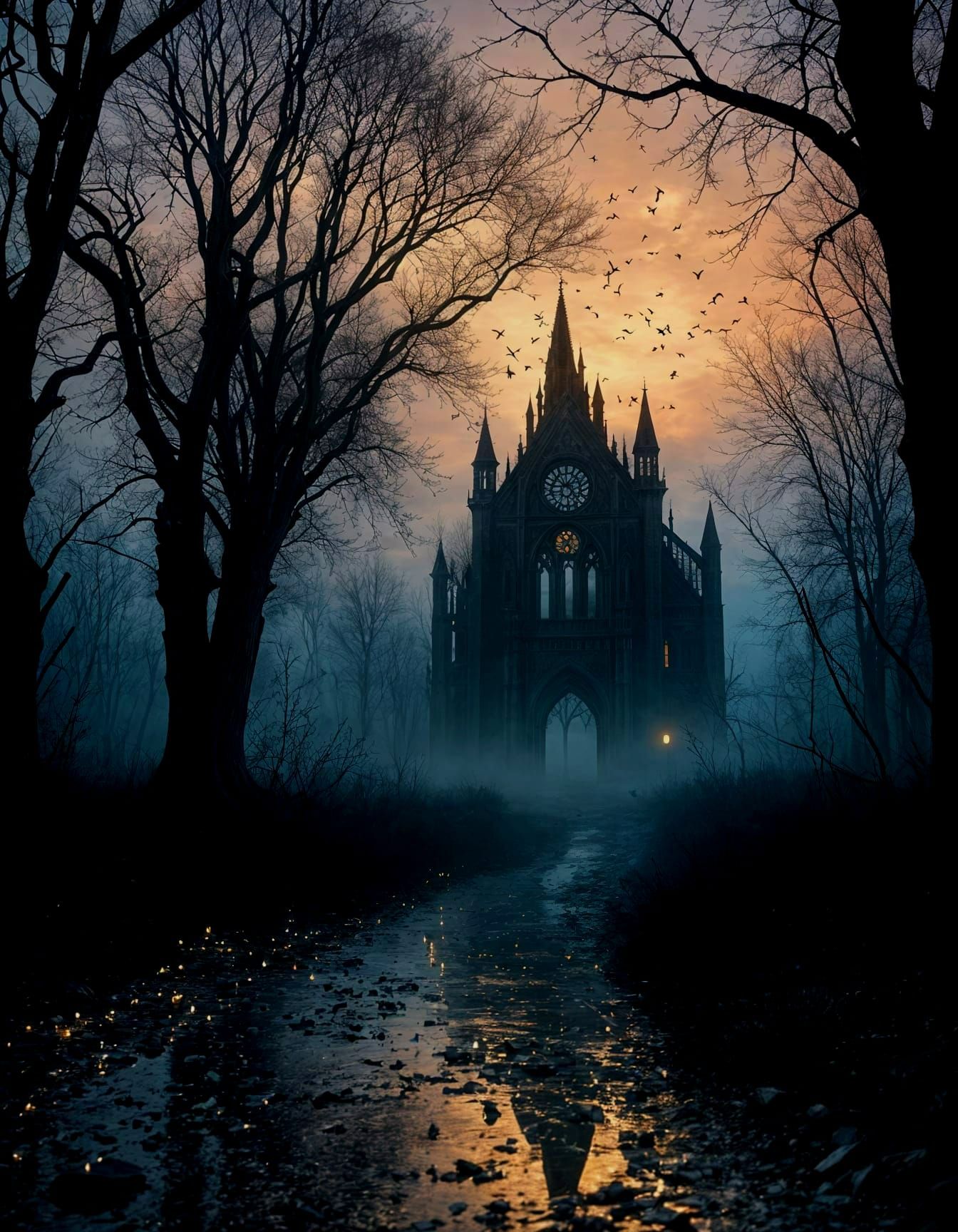 Ethereal Gothic Horror Scene at Dusk