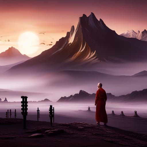 Monk Woman Walking on Misty Monastery Grounds