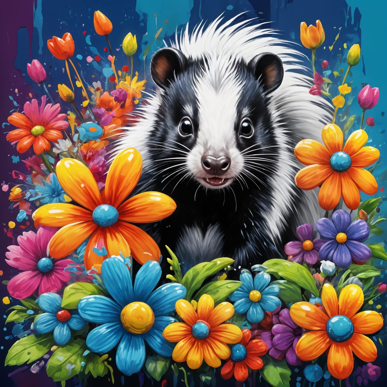 Cheerful Skunk Covered in Vivid Flowers