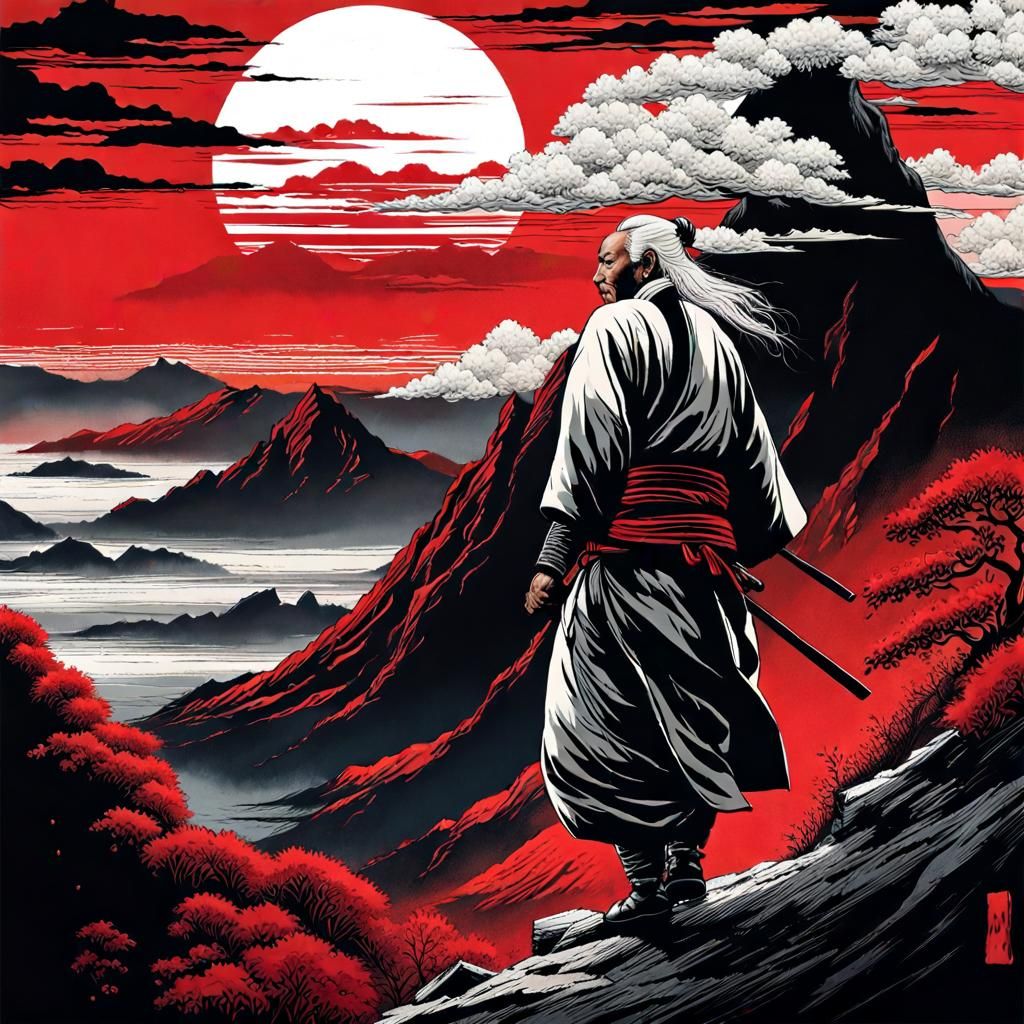 Old Samurai Portrait on Cliff in Double Exposure Style