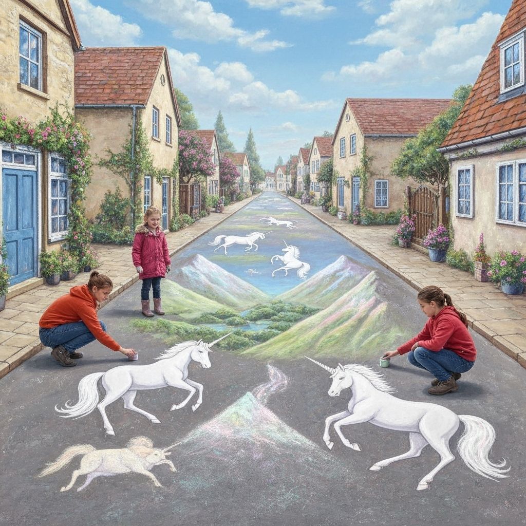 Family Paints Unicorns on Village Street in Pastel Style