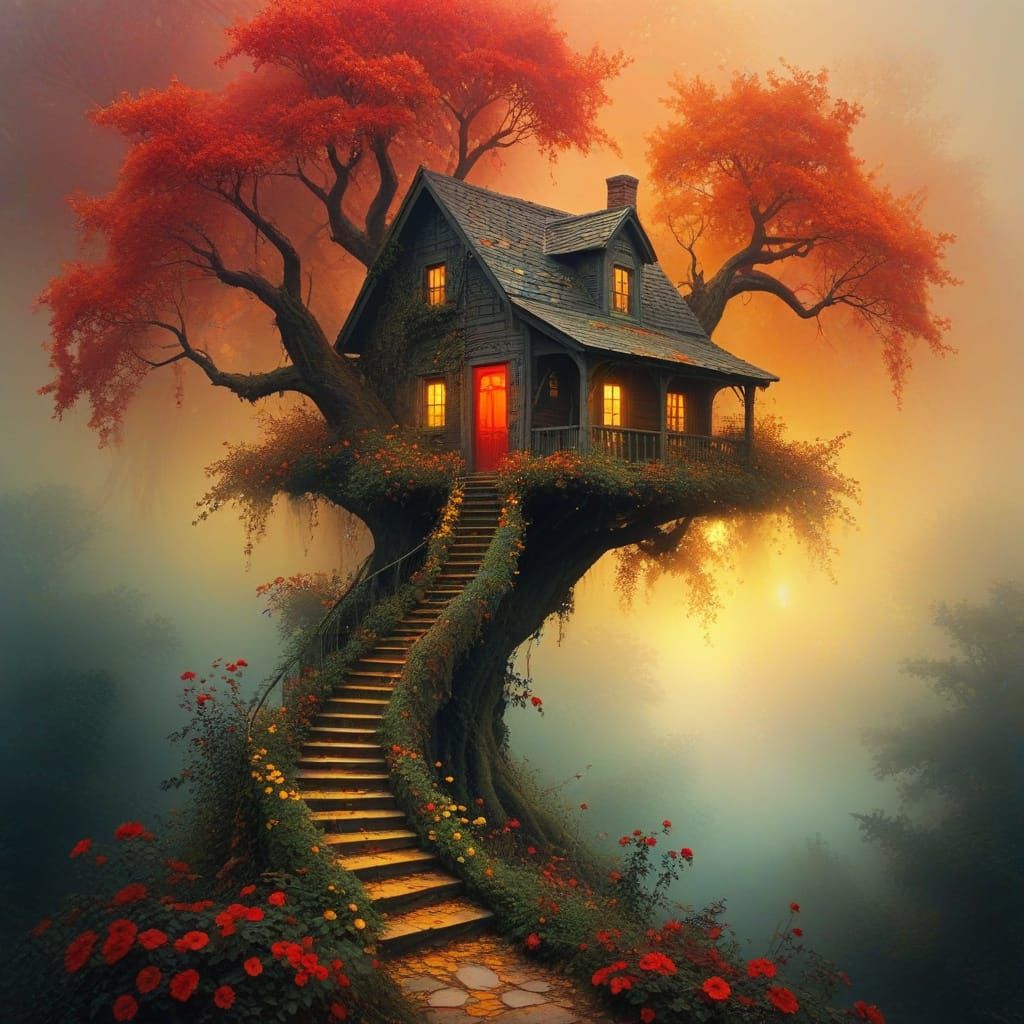 Whimsical Treehouse in Vibrant Floral Oasis