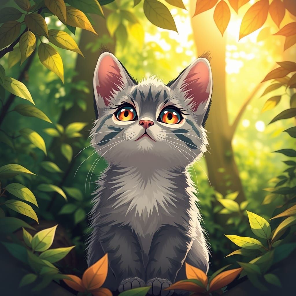Adorable Kitten in Forest, Manga Style Illustration