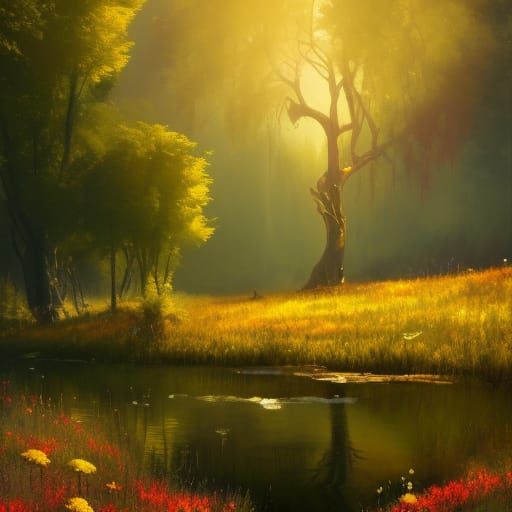 Golden Aspen Tree in a Sunny Flower Meadow