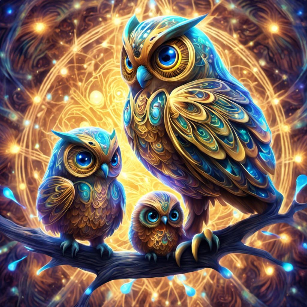 Mother Owl with Fractal Eggs in Bioluminescent Nest