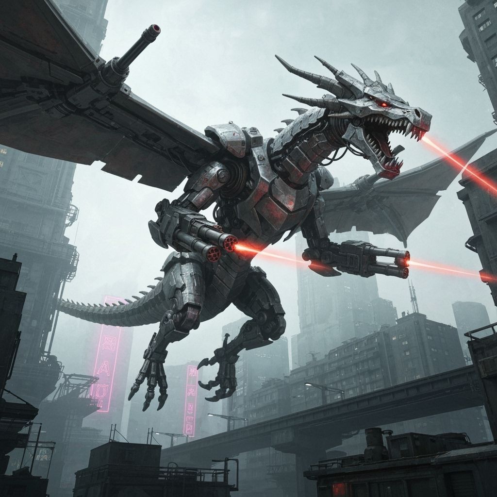Cyberpunk Mechanical Dragon Soaring Through Neon City
