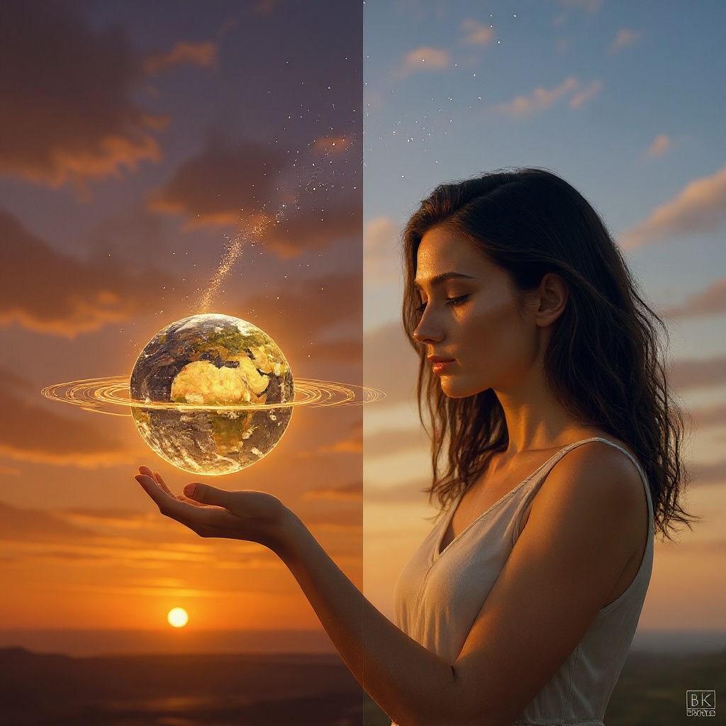 Ethereal Woman Gazing at Mystical Globe in Twilight
