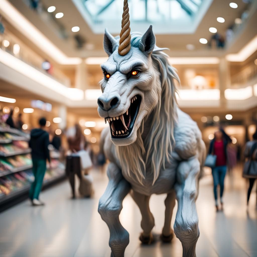 Werewolf Rides Unicorn Through Mall, DSLR Photography
