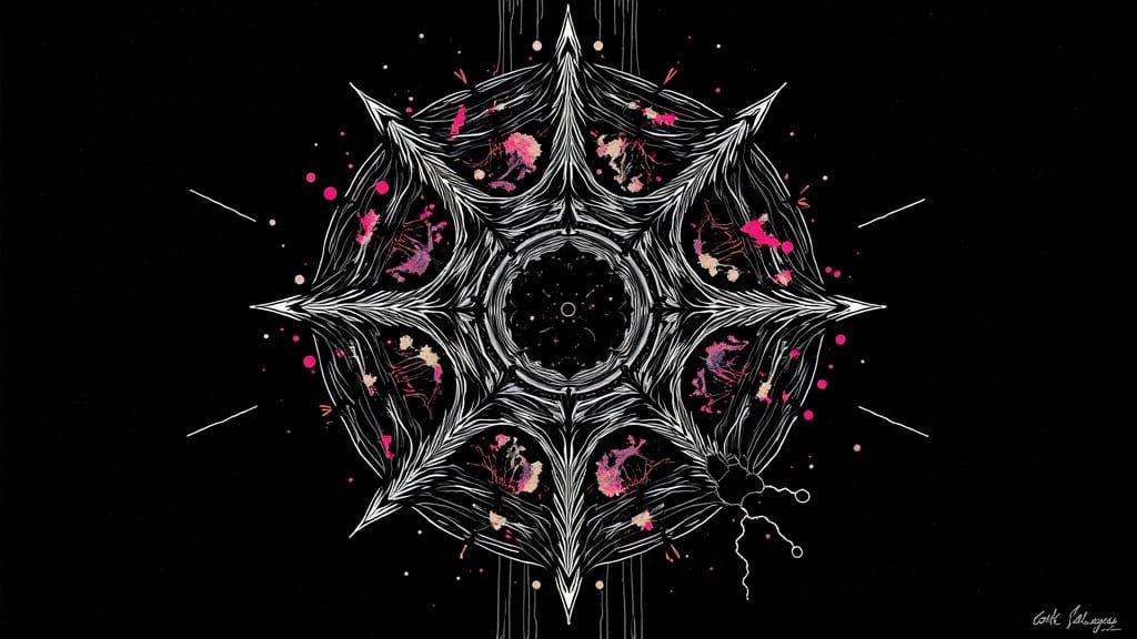 Intricate Circuit Board Geometry in Dark Ink Style