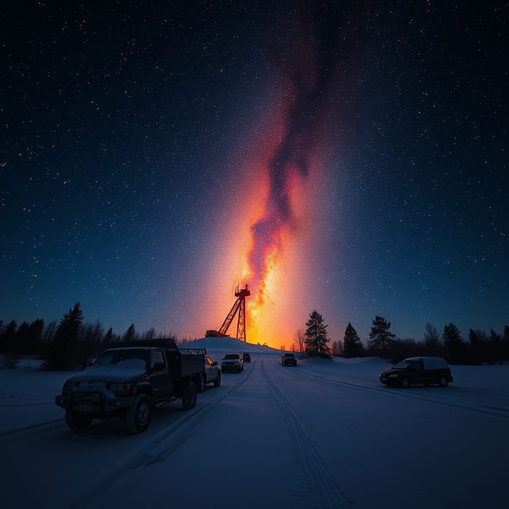 Fiery Meteor Streaks Across Starry Night Sky