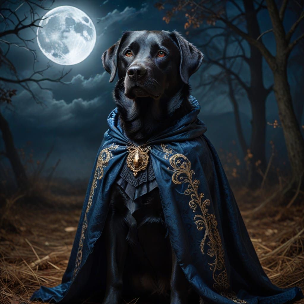 Labrador in Vampire Cape Under Full Moon