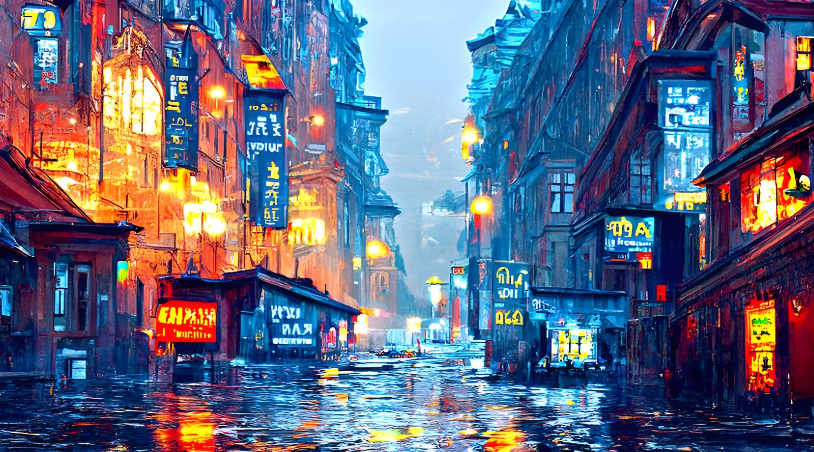 Hyperrealistic Rainy City Street at Night