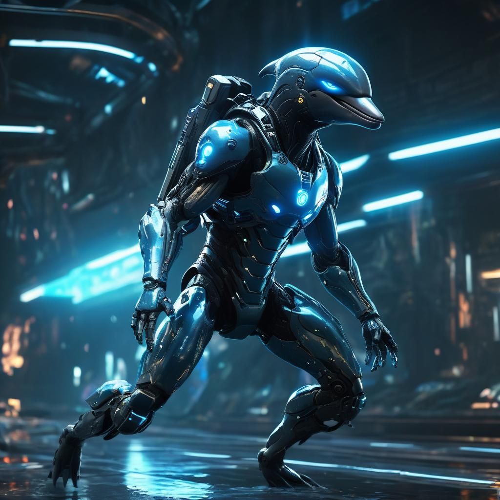 Dolphin in Weaponized Exosuit: Sci-Fi Concept Art