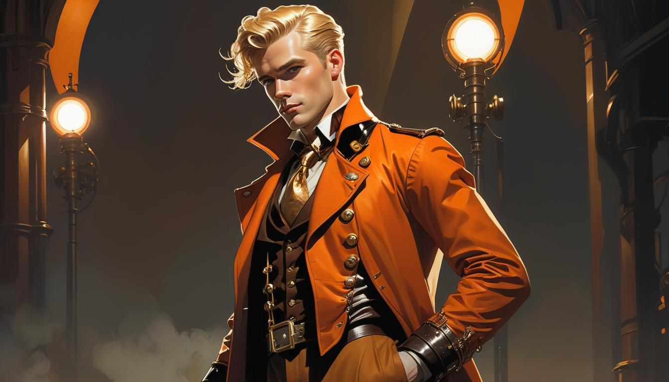 Noir Steampunk Man in Orange Sunset Illustration
