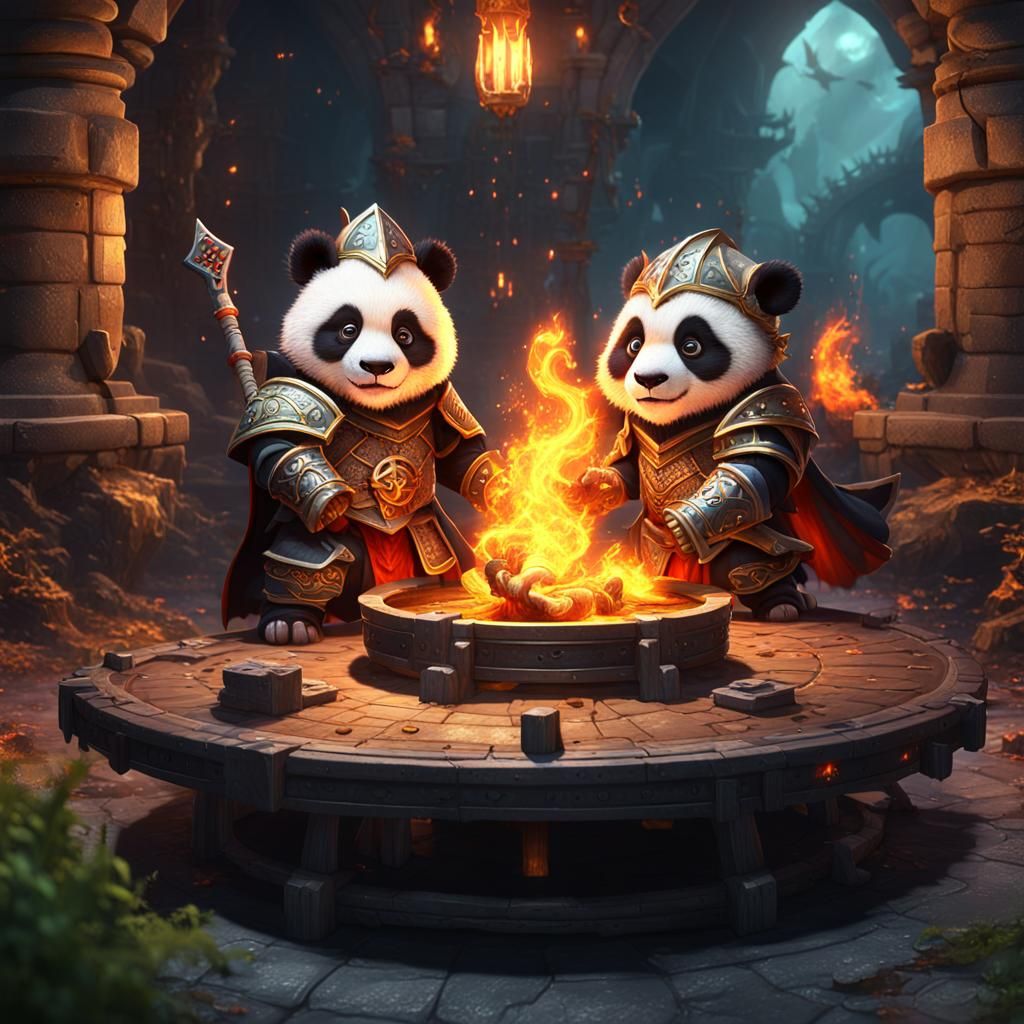 Panda Knights Versus Dragon in Fantasy Lair