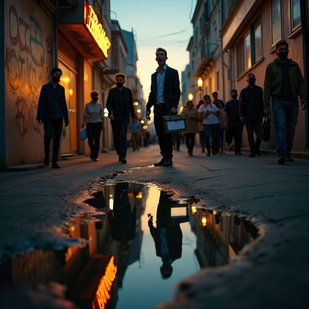 A photorealistic city street at twilight, subtly melting lik...