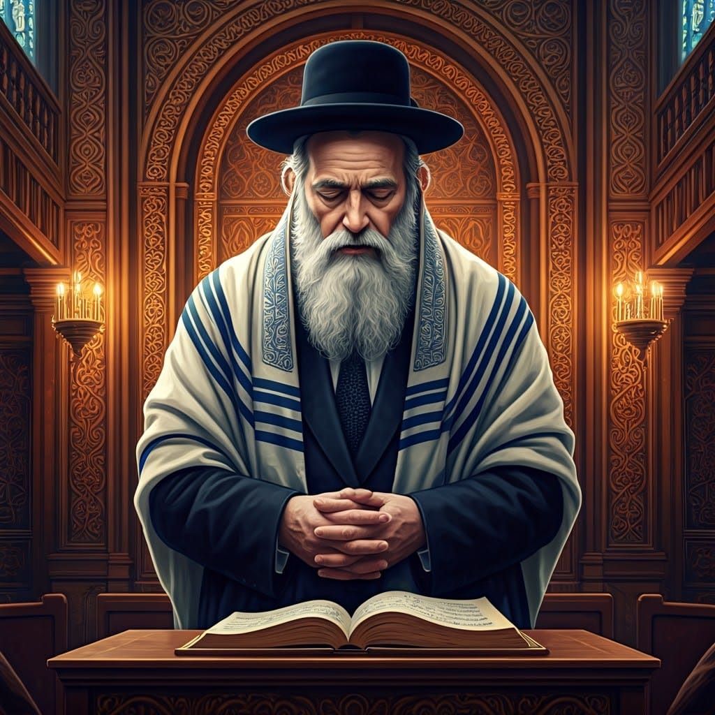 Hasidic Rabbi Praying in Synagogue, Matte Painting