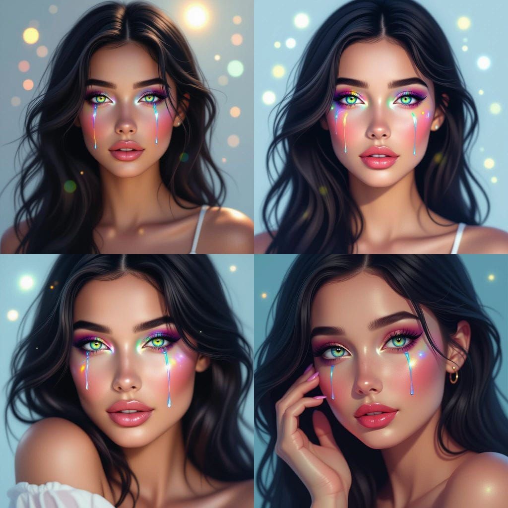 Woman with Rainbow Eyes and Shimmering Tears