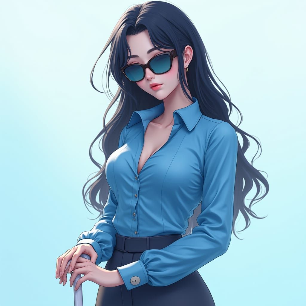 Sensational Blind Woman in Elegant Blue Attire, Radiating El...