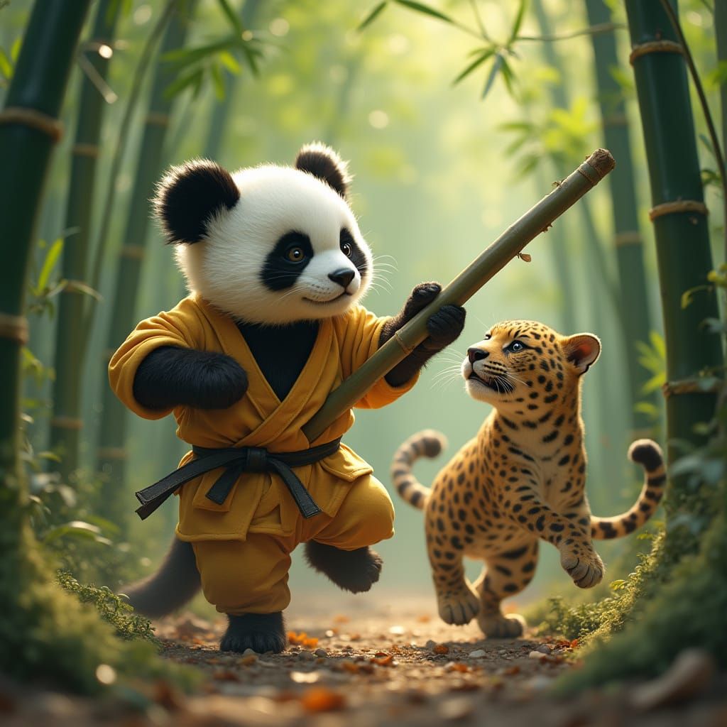 Playful Panda's Martial Arts Battle in Bamboo Forest