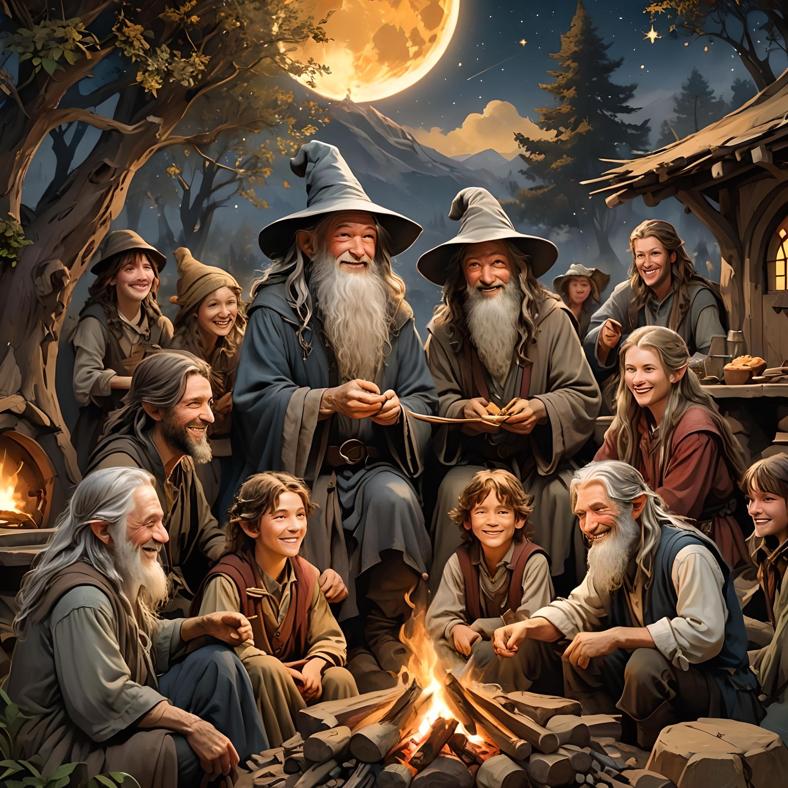 Gandalf and Hobbit Family Portrait in Fantasy Landscape