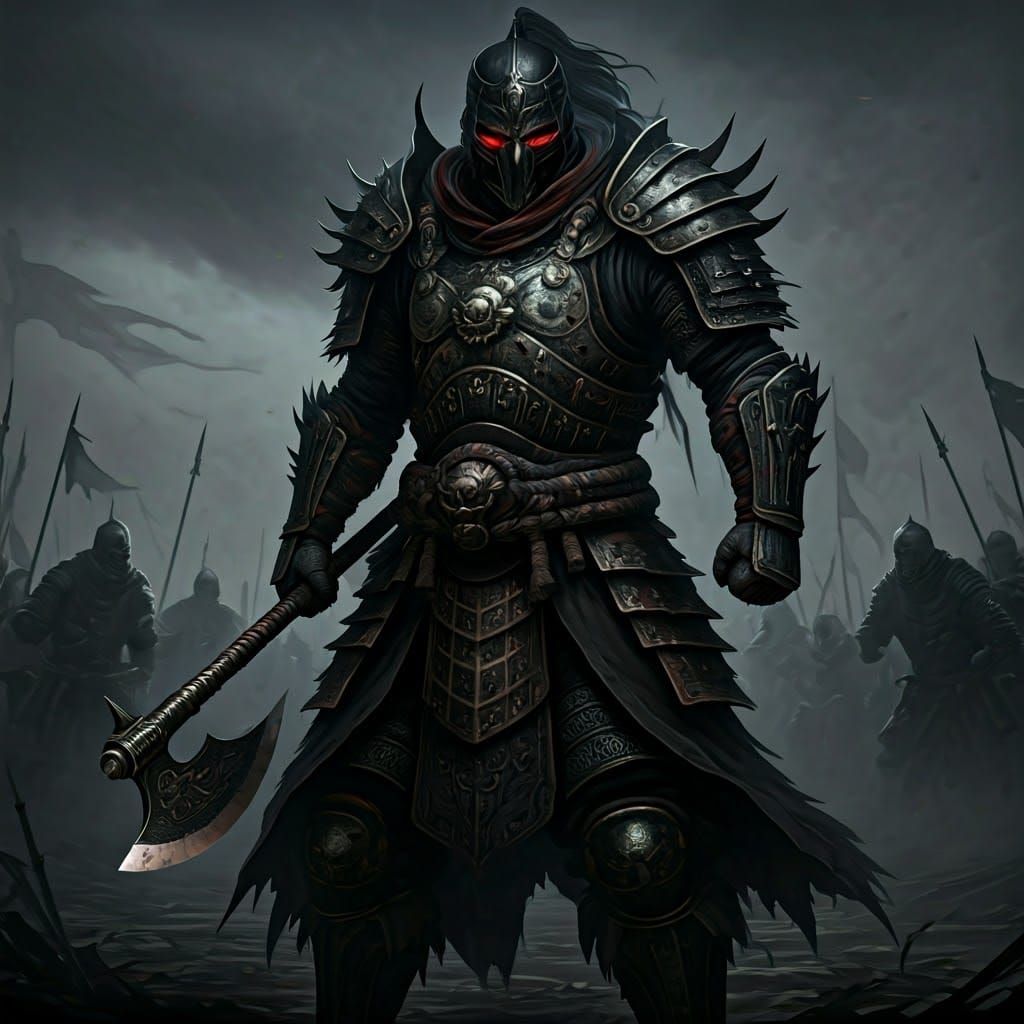 Menacing Warrior with Axe in Misty Battlefield