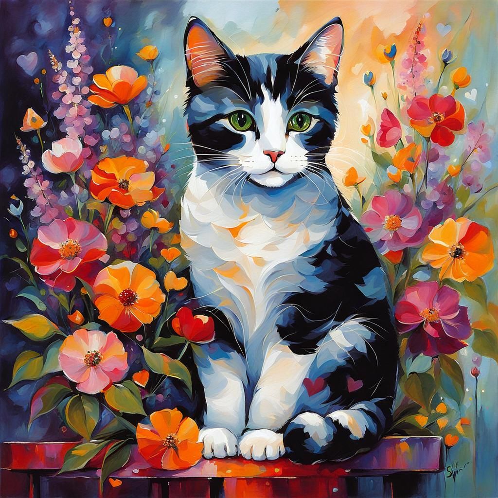 Cute Cat with Flowers in Impressionistic Style