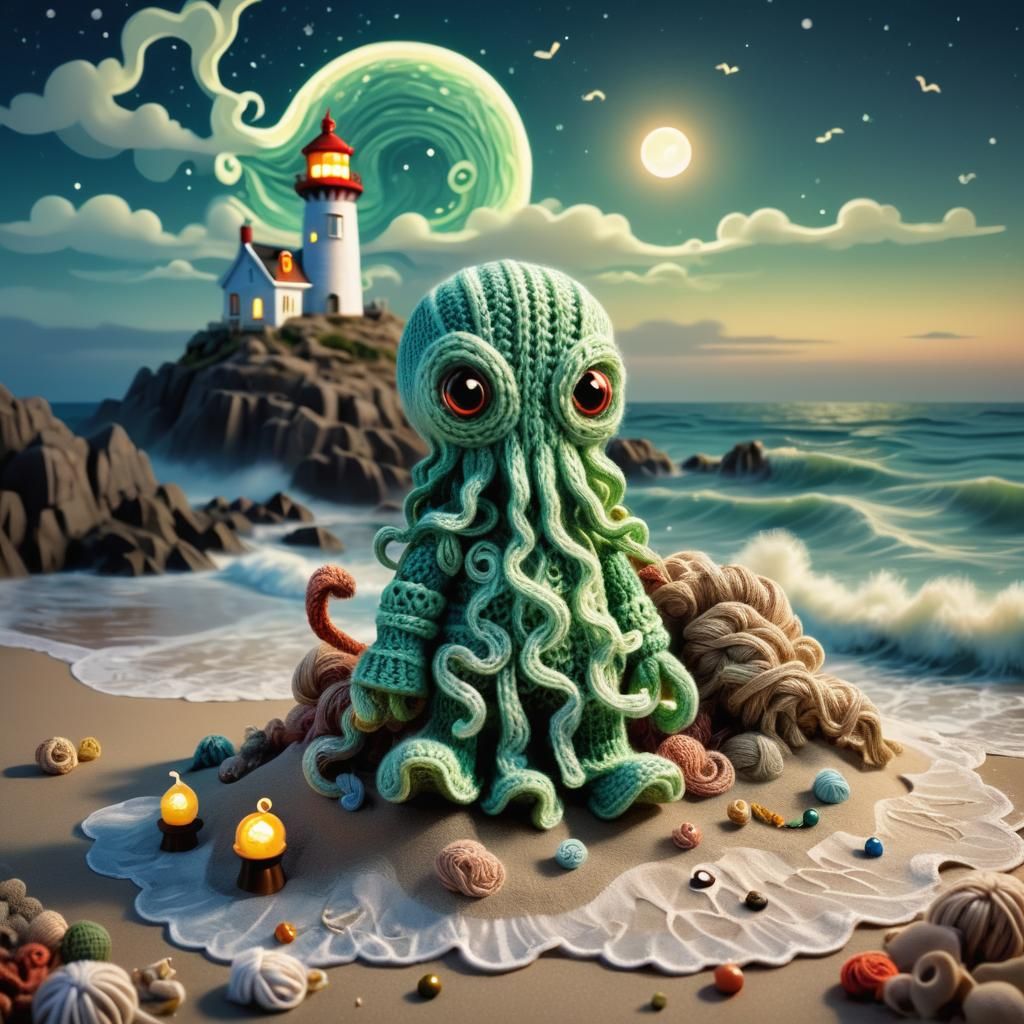 Chibi Cthulhu on Moonlit Beach in Digital Art