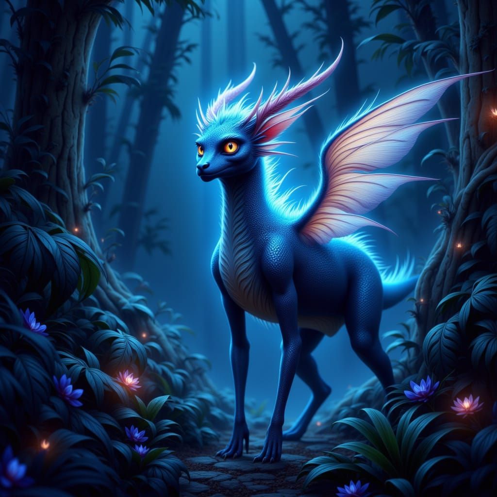 Fantastical Creature in Bioluminescent Forest