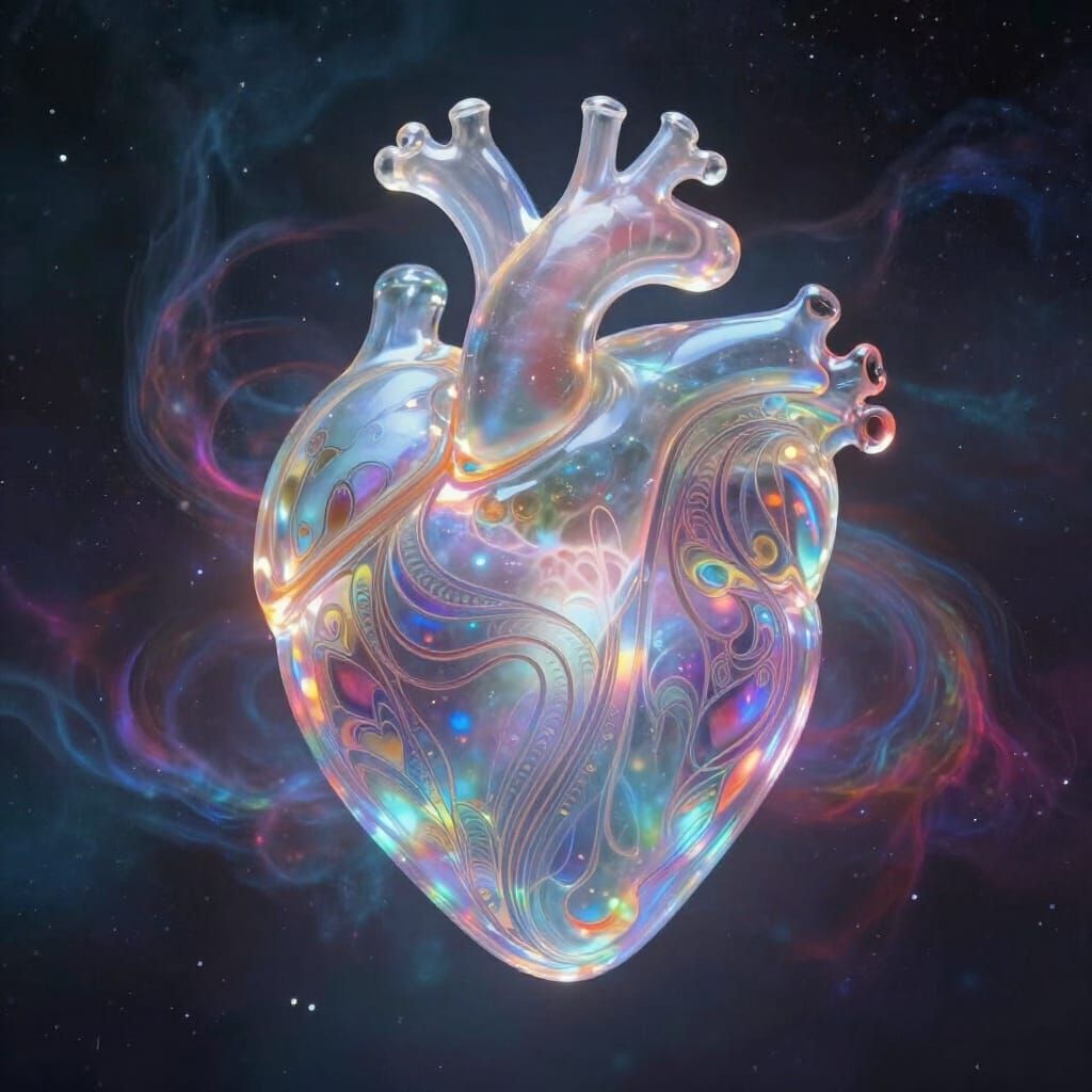Glass Heart in Cosmic Nebula, Ethereal Art Nouveau Style