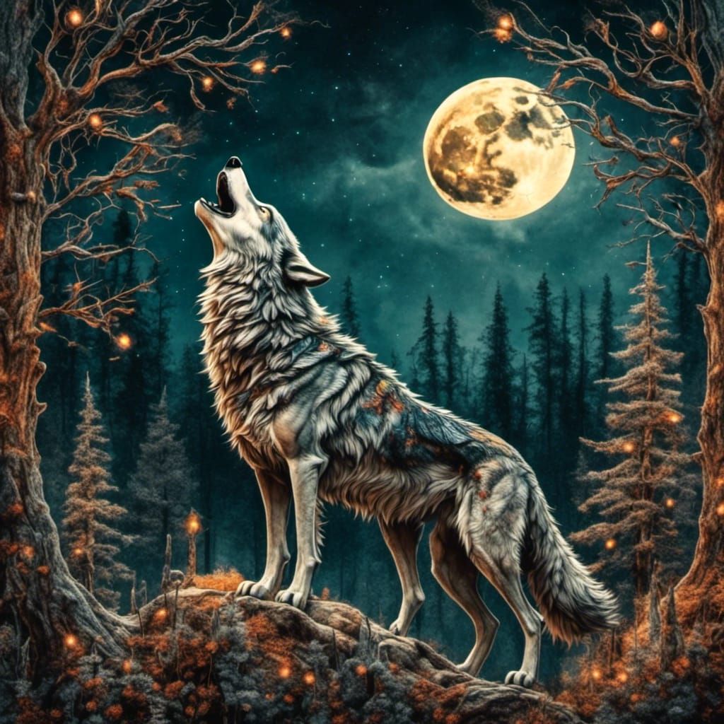 Purple Wolf Howling at the Moon