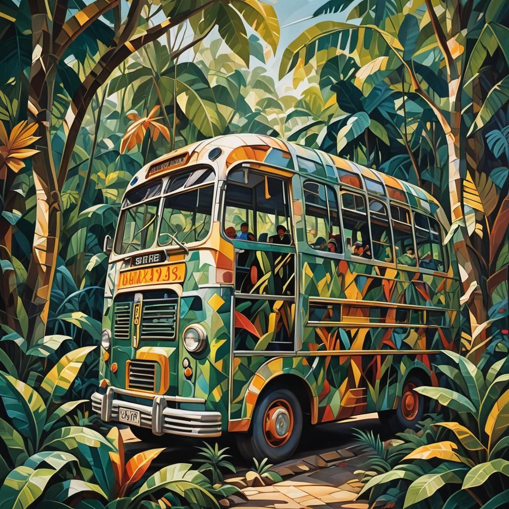 Jungle Bus Adventure in Abstract Cubism